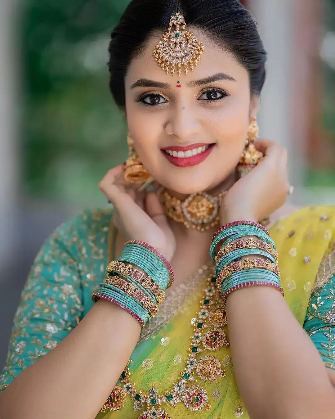Indian TV Actress Sreemukhi in Green Lehenga Choli Yellow Voni